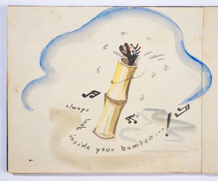 Watercolour painting showing a section of bamboo with a fearsome looking creature poking its head out of the top. Writing around the base reads: Always look inside your bamboo!