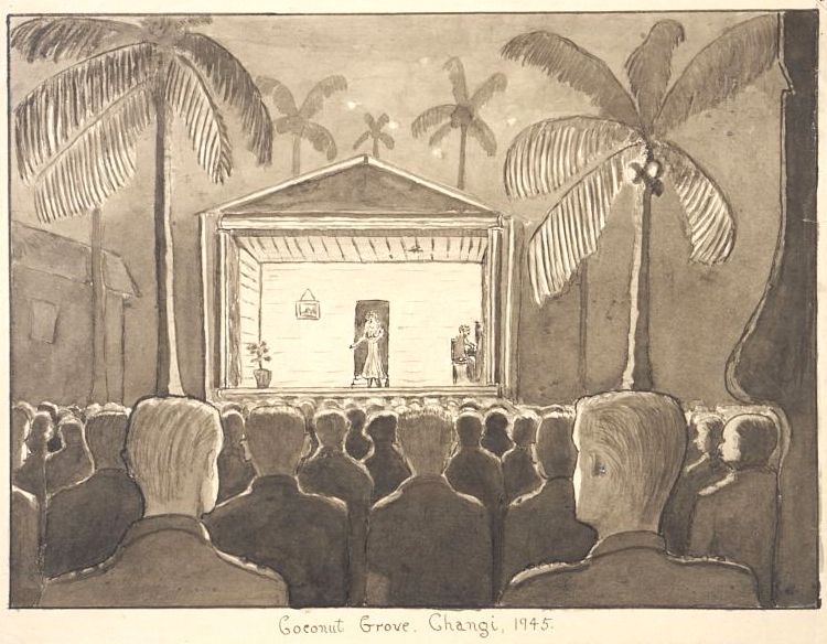 Painting of a view to a wooden theatre stage. There is a coconut tree either side of the stage and a crowd of men all looking towards the stage.