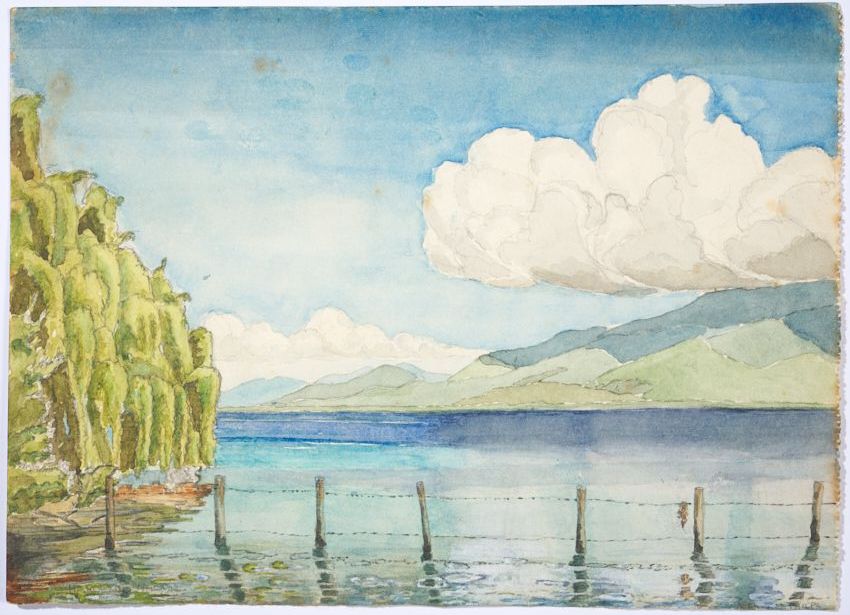 Watercolour painting showing a view out to see with a barbed wire fence across the water. There are mountains in the distance and trees on  the left side