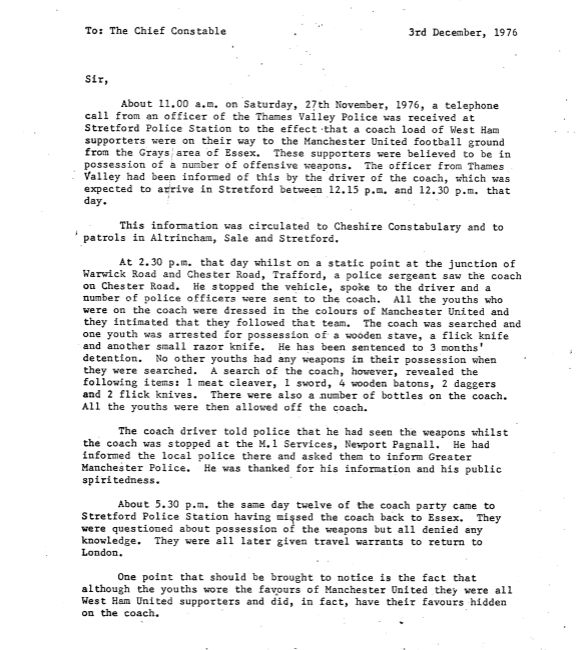 Letter to ACPO from Greater Manchester Police regarding incident on a coach where people dressed as Manchester United fans were carrying weapons to a game