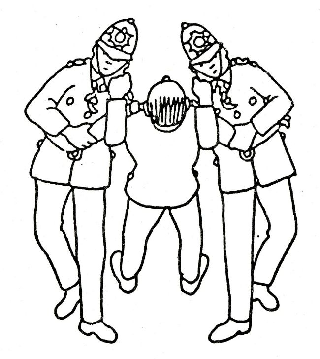 Illustration of 2 policemen holding a protester by the arms and carrying him away