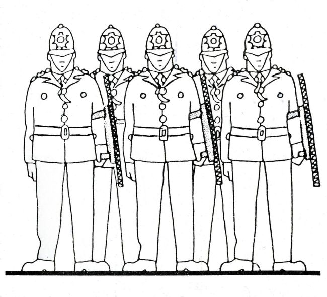 Illustration of five policemen in riot gear 1980s. They all have riot shields on their left arms but other than that and their helmets, they have no other protection.