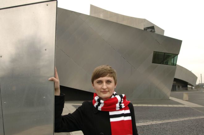 Young Polish woman outside the Imperial War Museum, Manchester