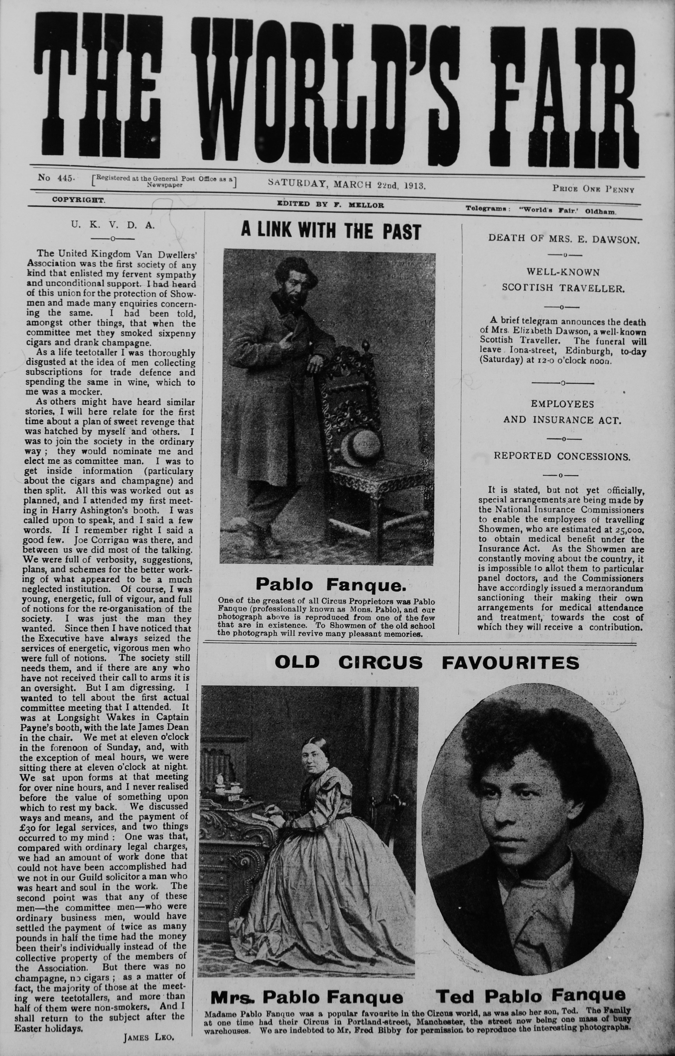 Scan of the front page of a newspaper called The Worlds Fair. It features photographs of Pablo and his wife and son