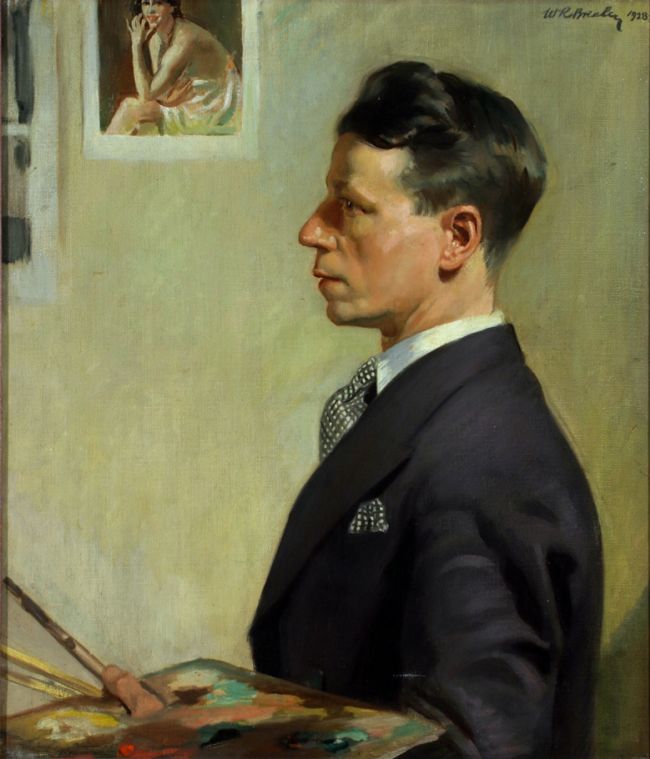 Self Portrait by William Ramsden Brealey. Showing the top half of the artist dressed in a dark suit jacket with tie and white shirt, holding a paint brush and palette.
