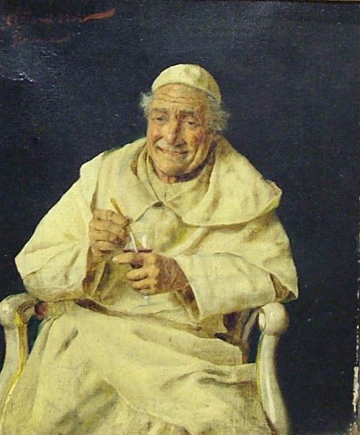 The Monk by Count Tamburini. Portrait of a monk wearing a white habit, sat in a chair. The portrait has a black background