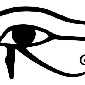 Black and white drawing of an Egyptian 'Eye of Horus' symbol