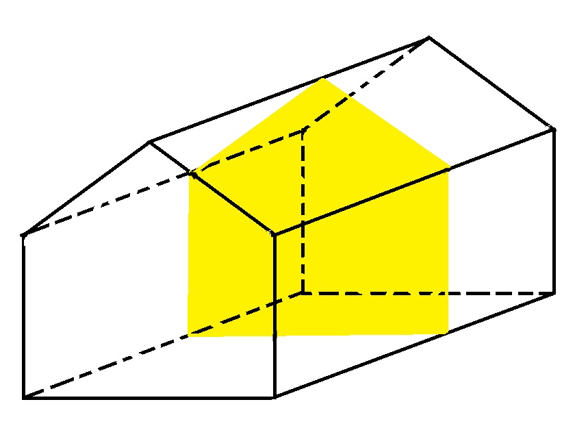 A line diagram of a pentagonal prism with a slice of its cross section coloured in yellow. The cross-section is identical shape and size to the faces of the shape at each end, demonstrating that this is a prisms.