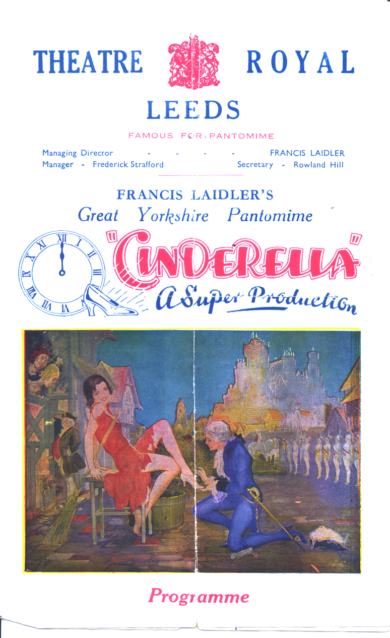Colour printed programme showing an illustration of a woman in a red dress, having a shoe put on by a kneeling man in a blue suit. They are in the street, with the characters of the Ugly Sisters looking out of windows.