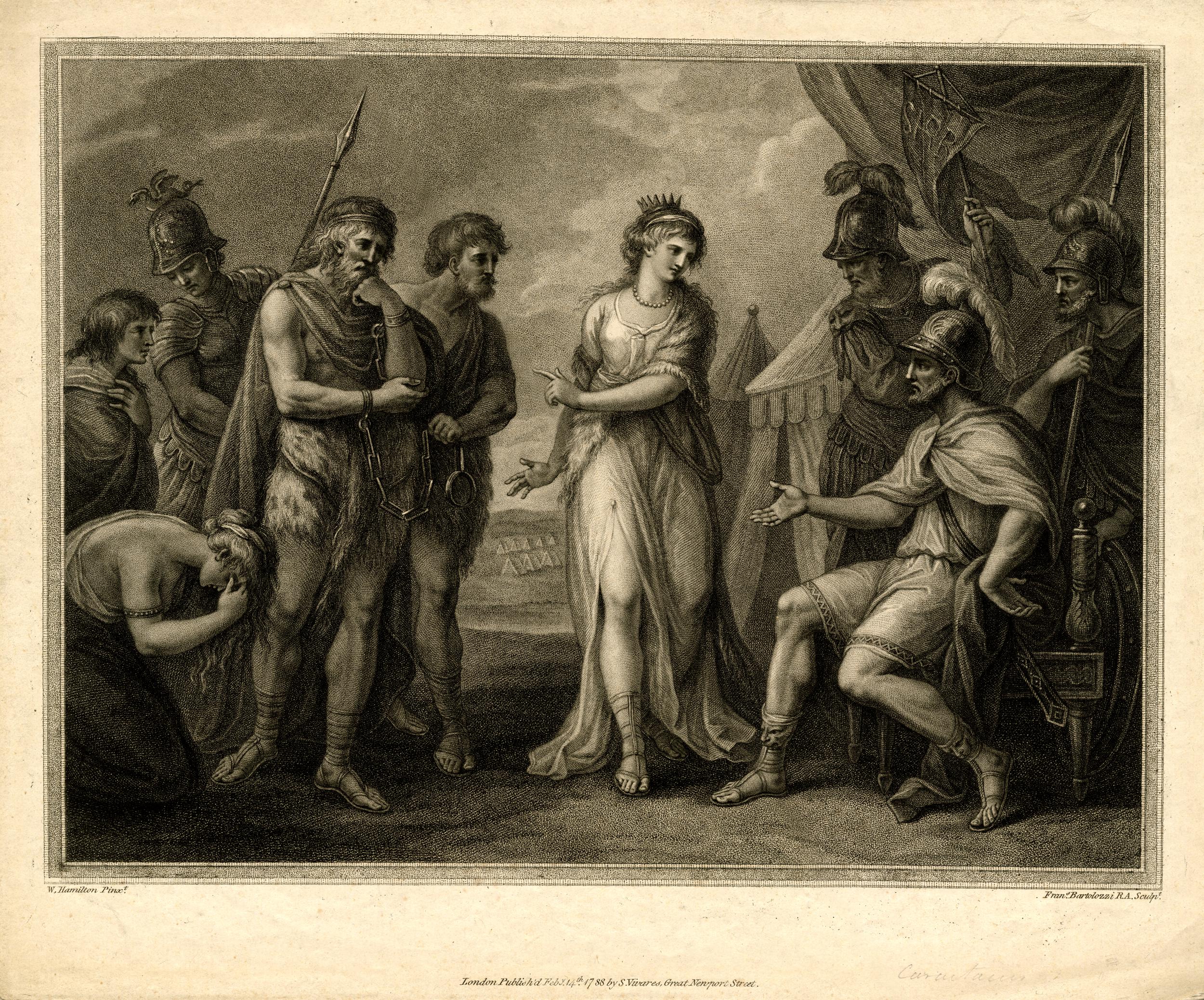 A black and white illustration depicting a King, wearing shackles, being delivered by a Queen, wearing a flowing white gown and crown, to a Roman general. The general is seated and wears a helmet with feathers. The scene is outside, with some tents visible in the background, and various onlookers. 