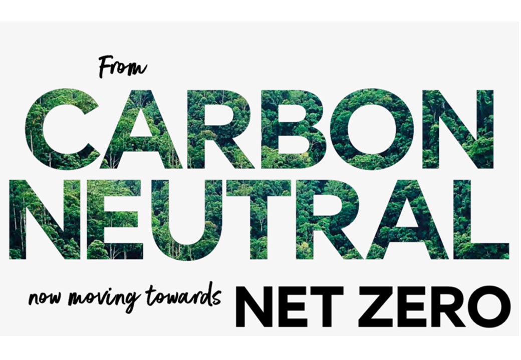 Bold text reads "From Carbon Neutral now moving towards Net Zero" with the phrase "Carbon Neutral" filled with a lush green forest pattern.