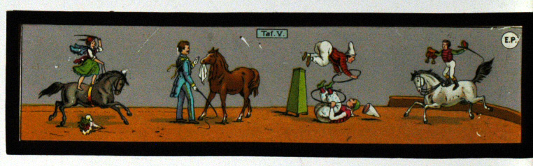 A rectangular glass slide with four separate images of circus performers and horses doing tricks together.