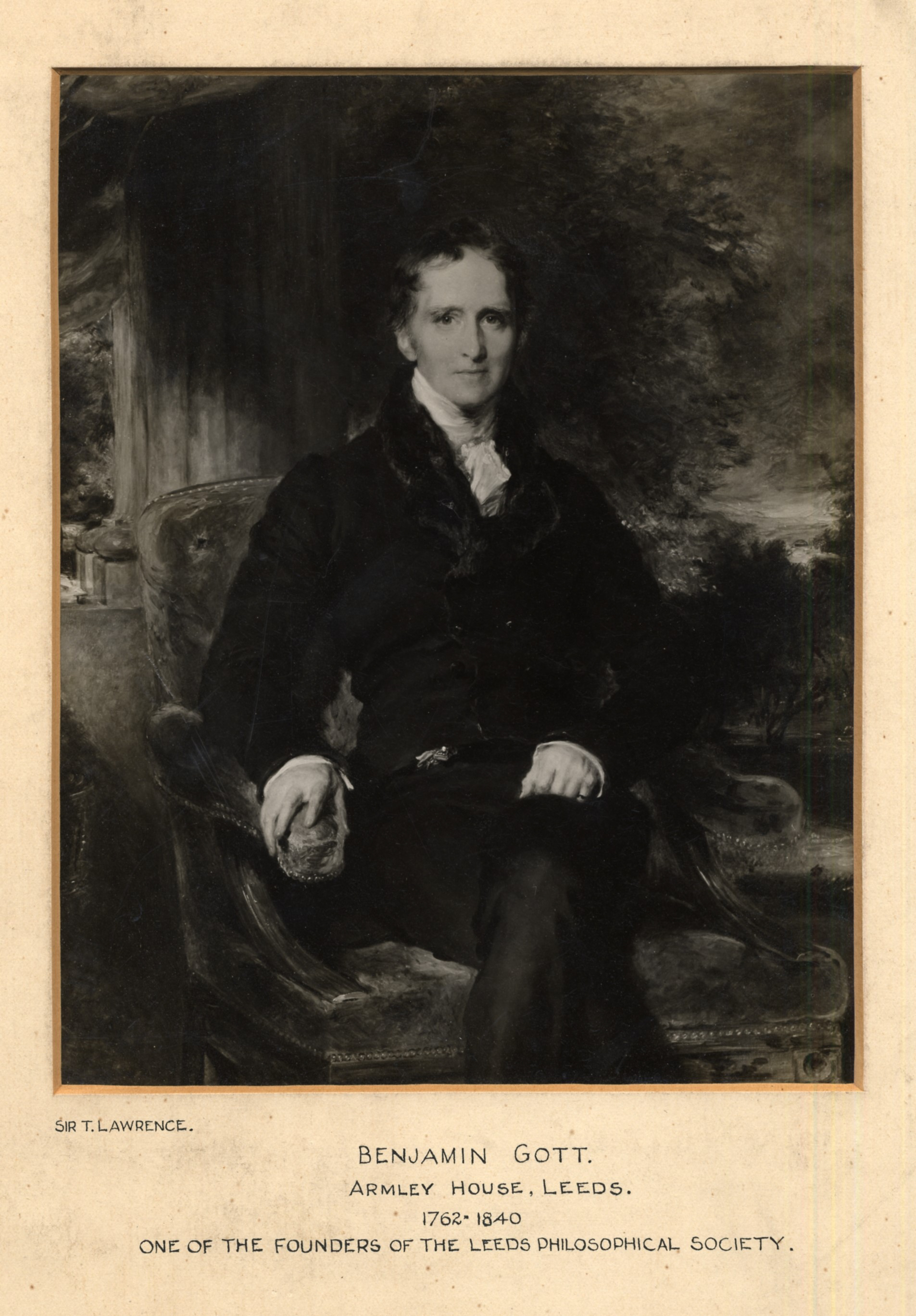 Black and white photograph of a painting showing Benjamin Gott sitting down.  The background is painted as if he is outside in a landscape.