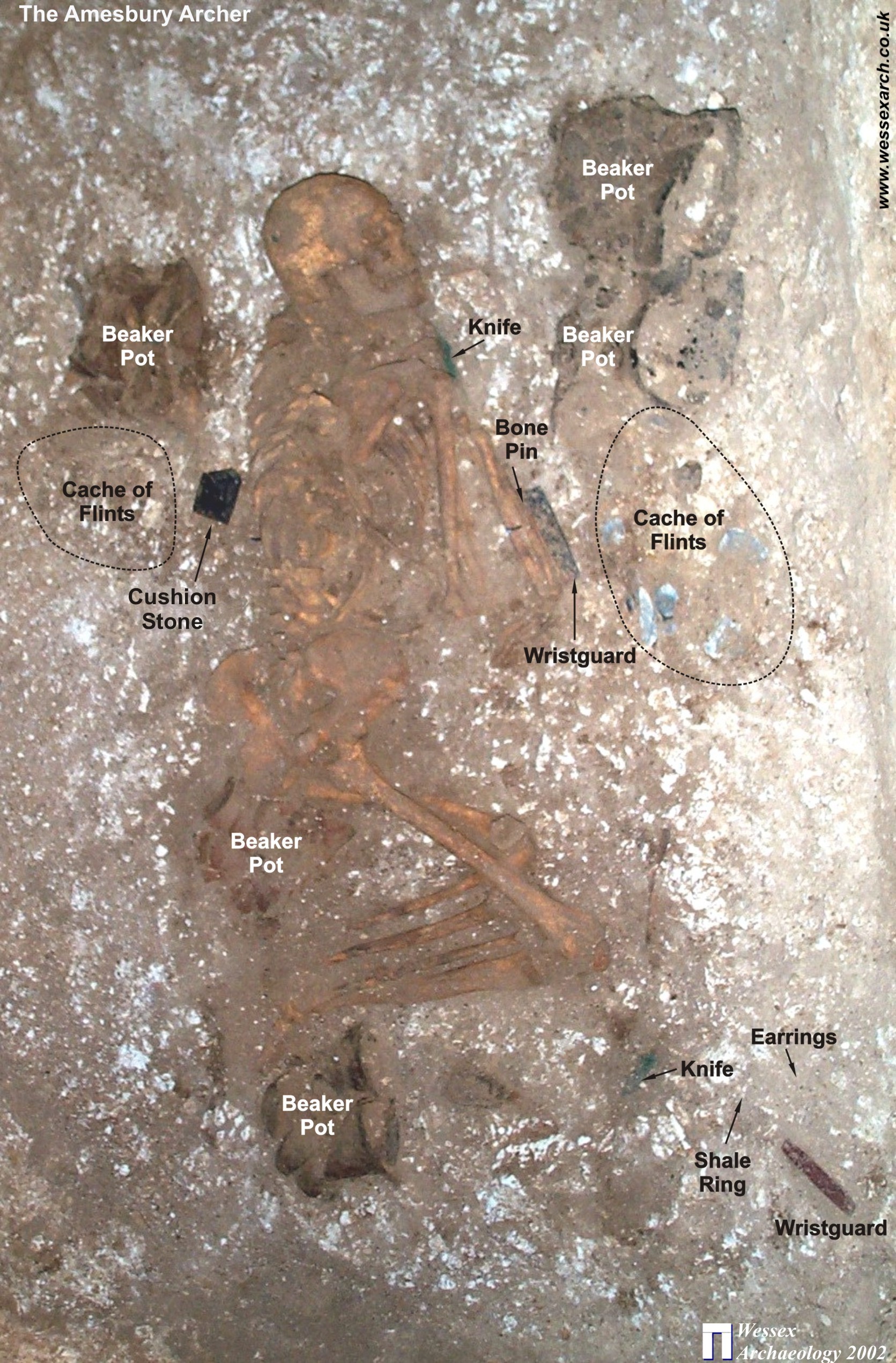Detail of the burial of the Amesbury Archer while being excavated by archaeologists. Burial goods are labelled on the photograph.