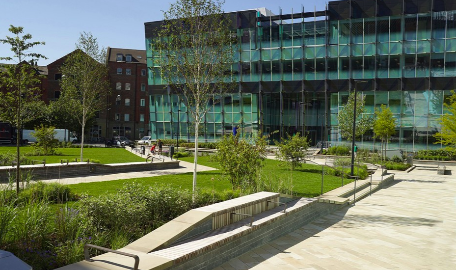 Image of Sovereign Square, showing pathways, grassy areas and a mix of trees and plants.
