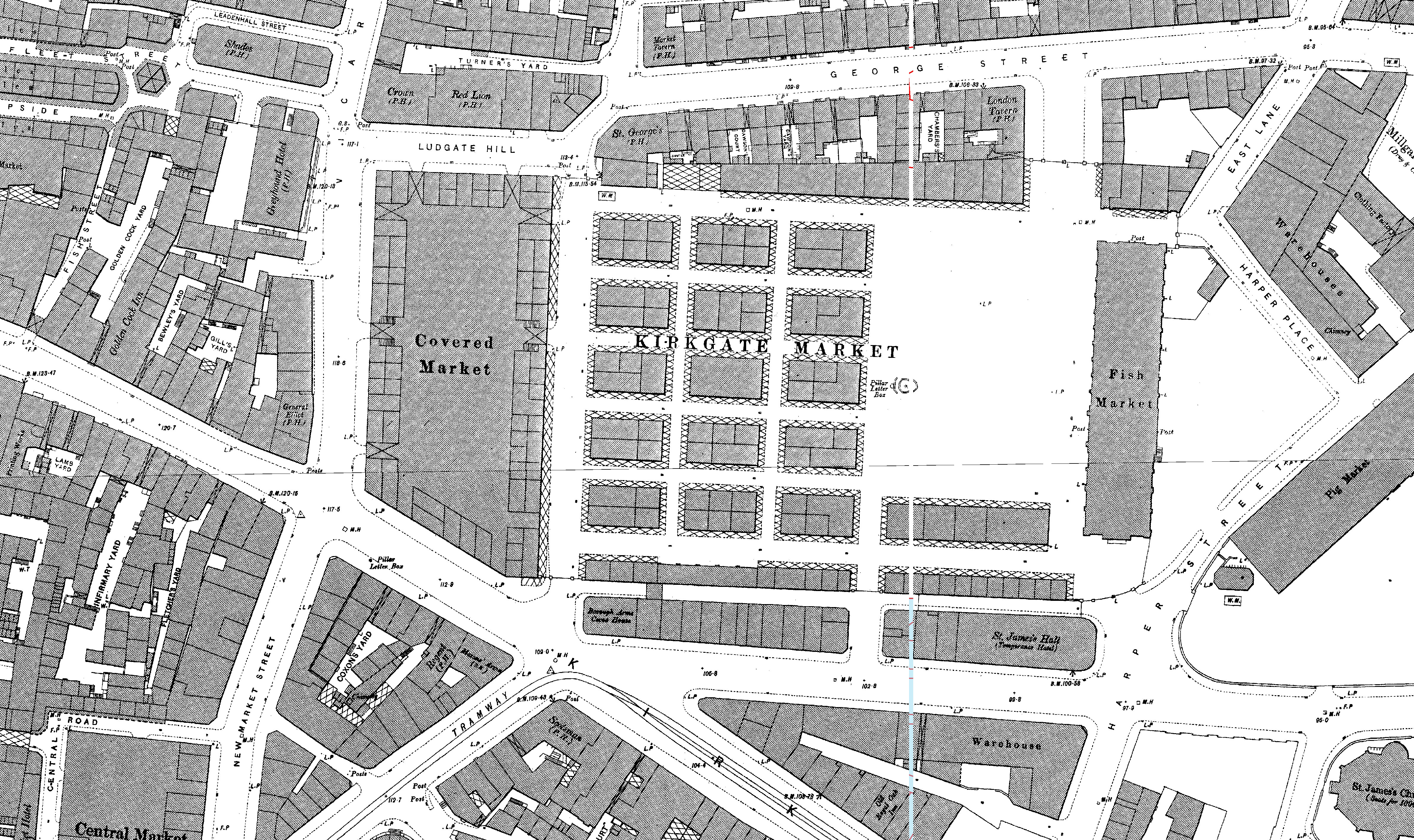 Greyscale map showing the original layout of Kirkgate market