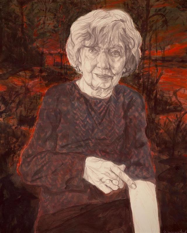 The image is a painted portrait of an elderly woman with short, wavy gray hair. She is wearing a dark, patterned sweater and is seated against a background that features deep, warm tones of red, orange, and brown, suggesting a natural or possibly abstract outdoor setting. The woman's face is depicted with detailed lines, capturing her age and expression, which appears thoughtful and slightly melancholic. Her hand is extended slightly forward, pointing downward, adding a subtle gesture to the portrait. The painting has an expressive, almost ethereal quality, blending realistic features with a vibrant, textured background.