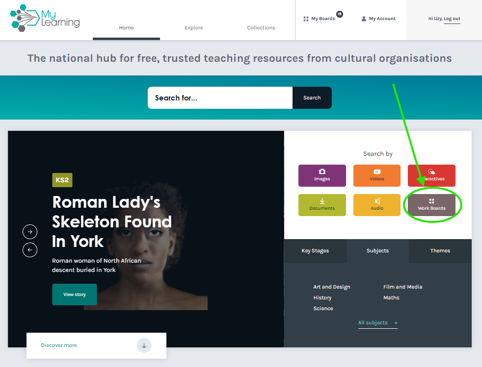 Screenshot of the MyLearning homepage with a circle drawn around the Workboard menu Feature