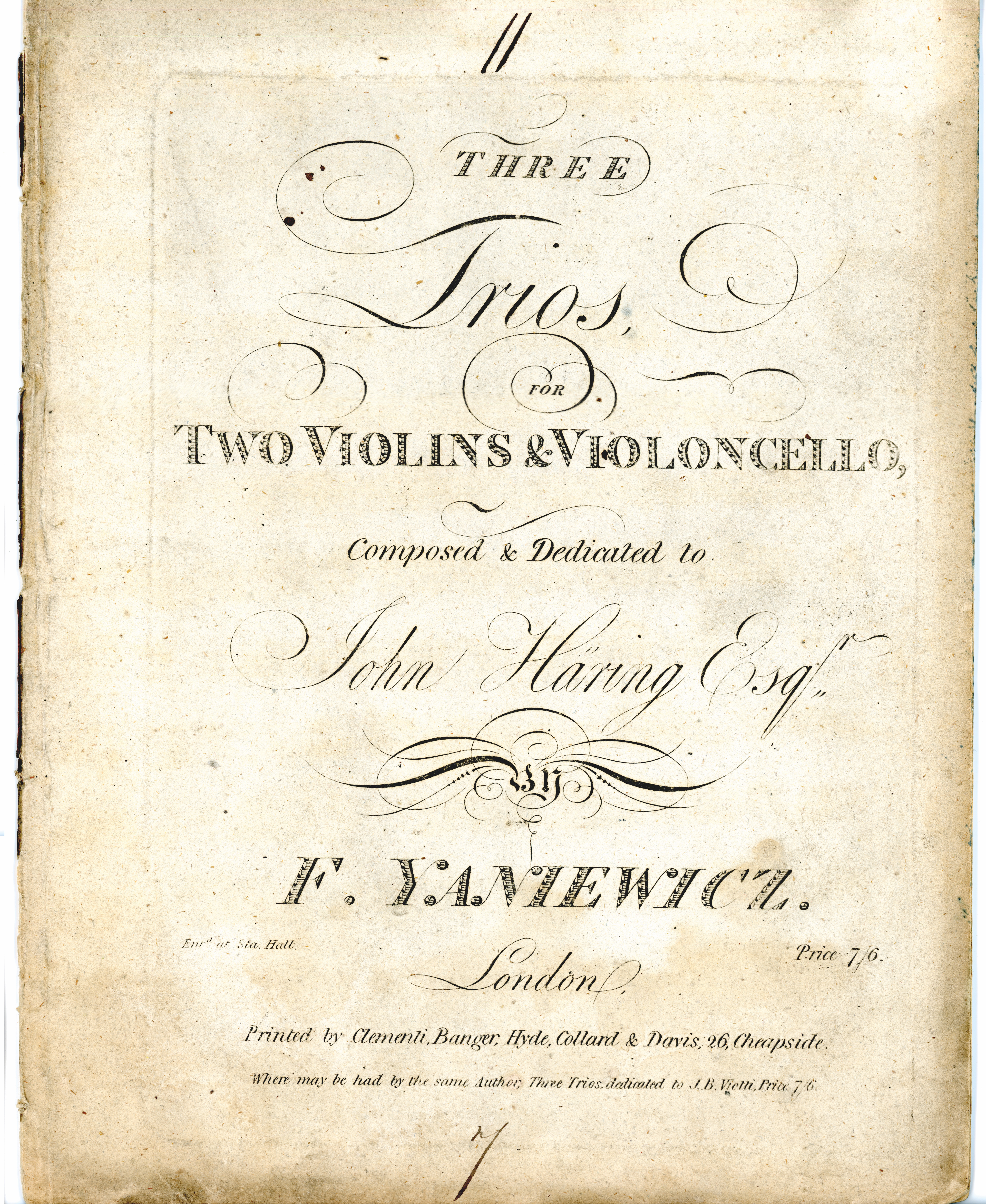 Front cover from printed sheet music of ‘Three  Trios’ by Felix Yaniewicz