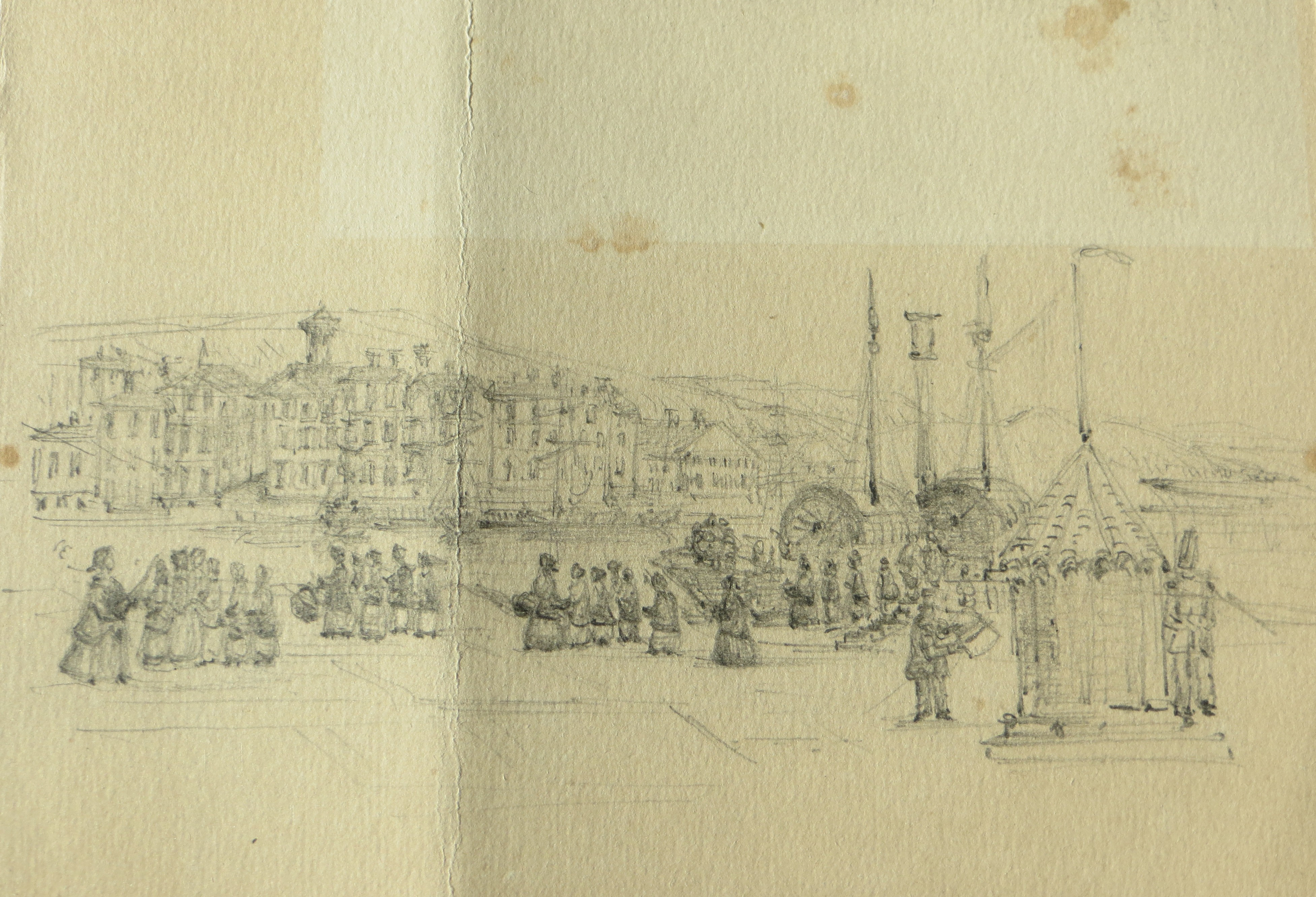 Pencil sketch showing a group of young women with buildings in the background.