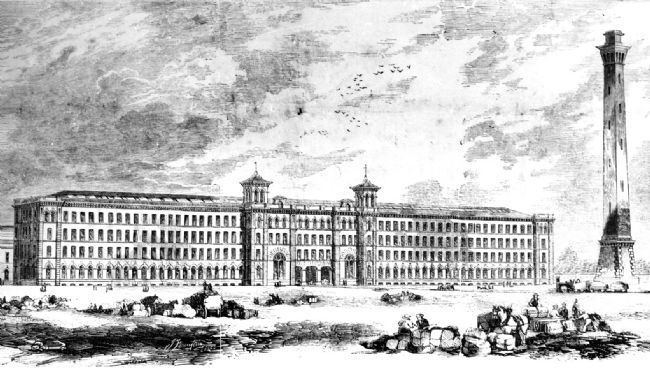 Printed image of Saltaire Mills in the early 1850s