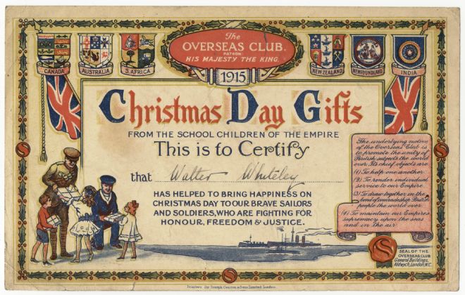 Colourful certificate sent to children by the Overseas Club in WW1.    The certificate includes two Union Jacks and numerous coats of arms.