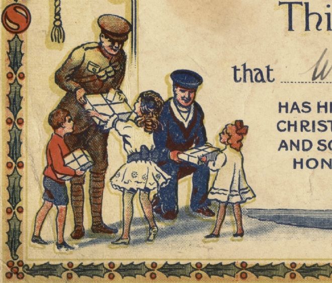 Detail from WW1 Overseas Club certificate showing children giving presents to servicemen