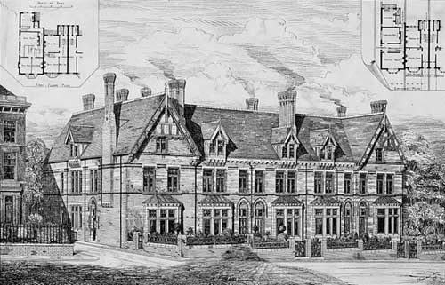 Black and white lithograph of a large three storey building with multiple chimneys