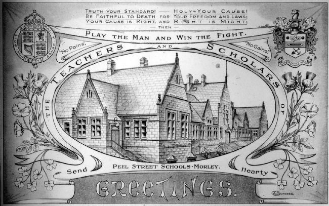 First World War postcard with an illustration of Peel Street Board School in Morley, Leeds, sending greetings to the soldiers