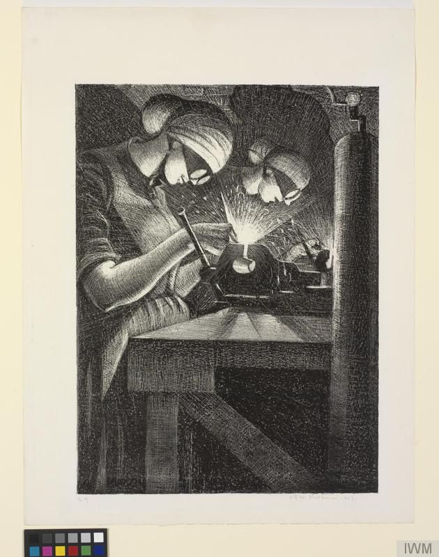 Illustration showing two women welding .  They are wearing head coverings and goggles.