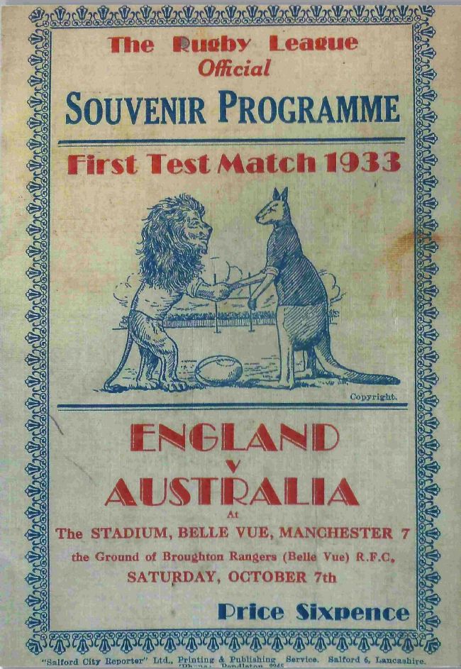 Full image of a 1933 test match souvenir programme showing English lion and Australian kangaroo.