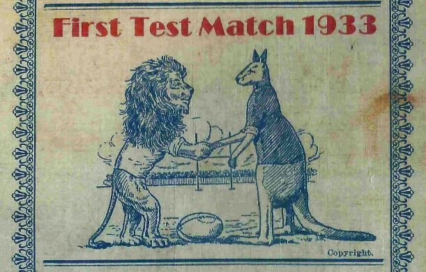Crop from 1933 souvenir programme of a rugby test match between England (shown by a lion) and Australia (shown by a kangaroo).
