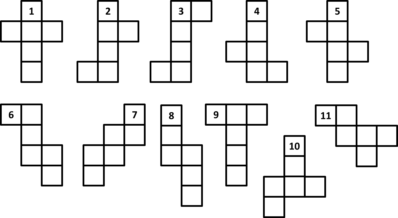A series of 11 black and white line diagrams showing the different ways of forming a 3D cube from a 2D net.