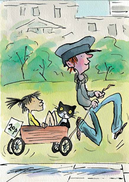 Illustration by Tony Ross of a boy pulling a trailer with a girl and a cat