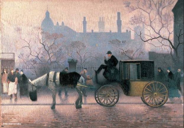 Horse and Cab in a misty city landscape.  The horse has a nosebag on and there are many people on the pavement walking by or standing.