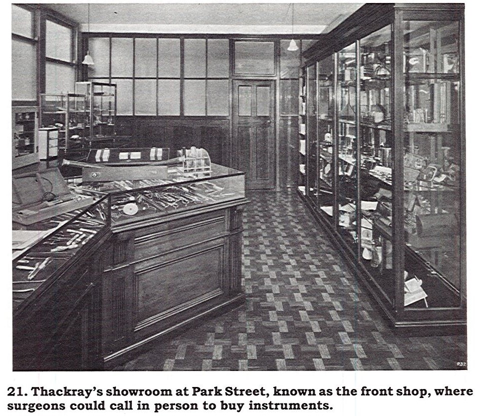 Inside Thackray's Park Street showroom with floor to  ceiling display cases full of medical equipment