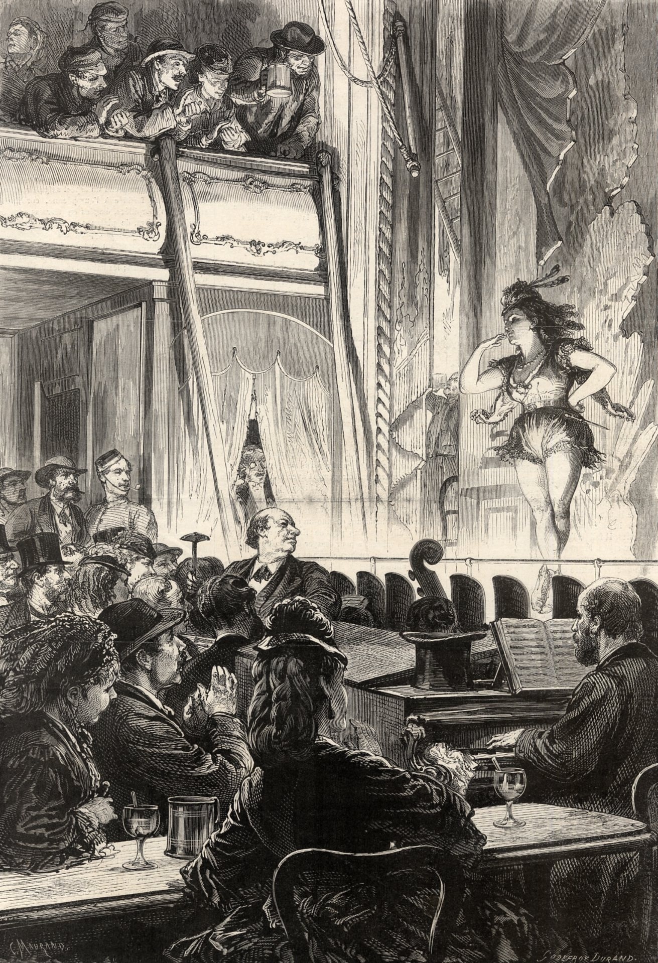 A drawing showing a soman on stage wearing shorts and a sleeveless top .  Men are leaning over from the balcony to watch.  In the foreground men and women watch the performance and a piano player accompanies the woman on stage.