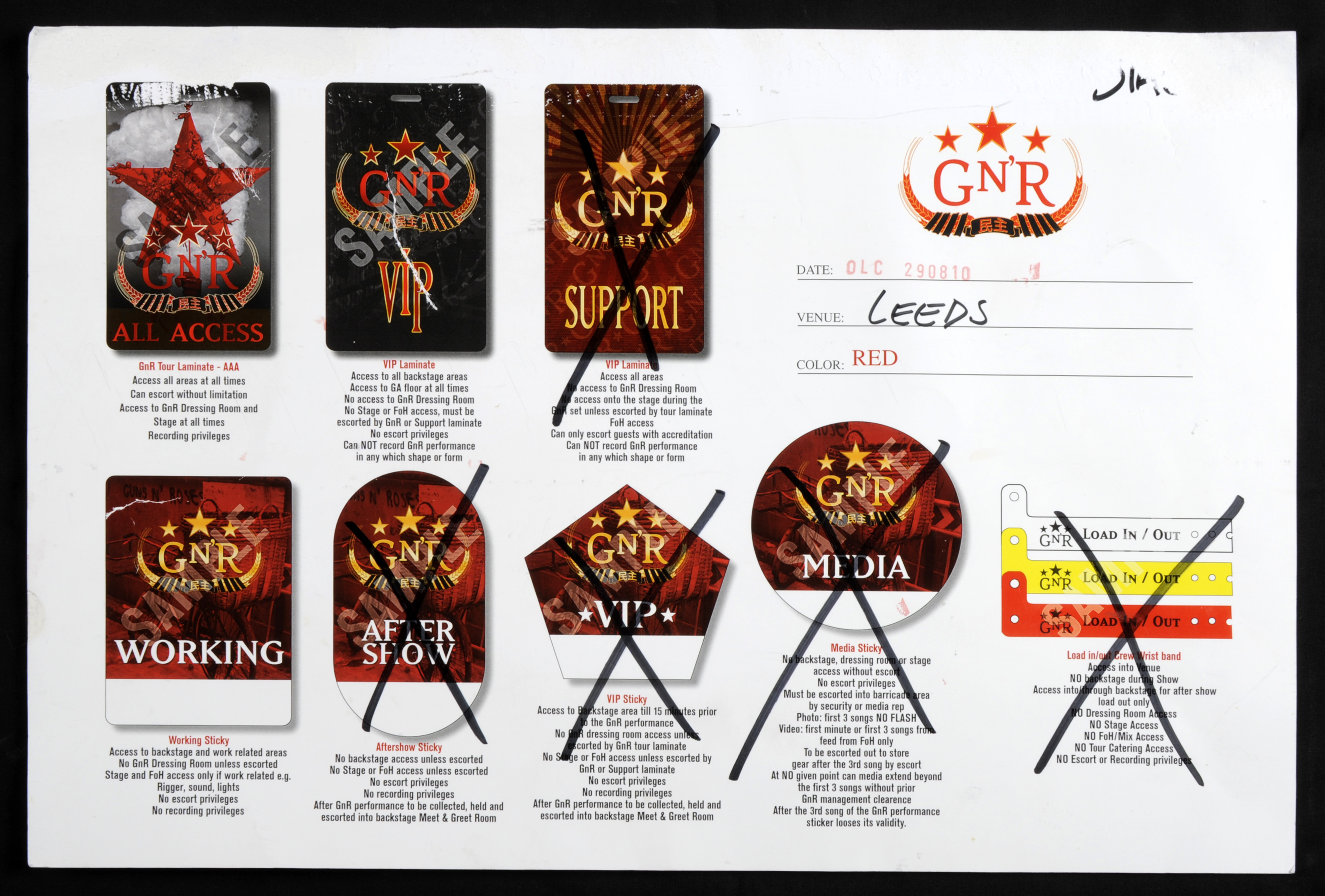 Sheet with seven different tickets illustrated showing roles such as 'Working', 'Media' and 'Support'.