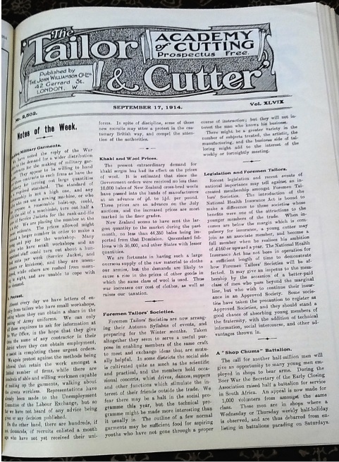 Page of 3-column text from the Tailor and Cutter Journal 1914