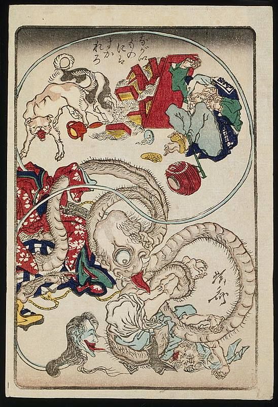 Two worm like creatures with huge heads are attacking a man.  In the background another man cowers while his boxes of noodles fall to the ground.