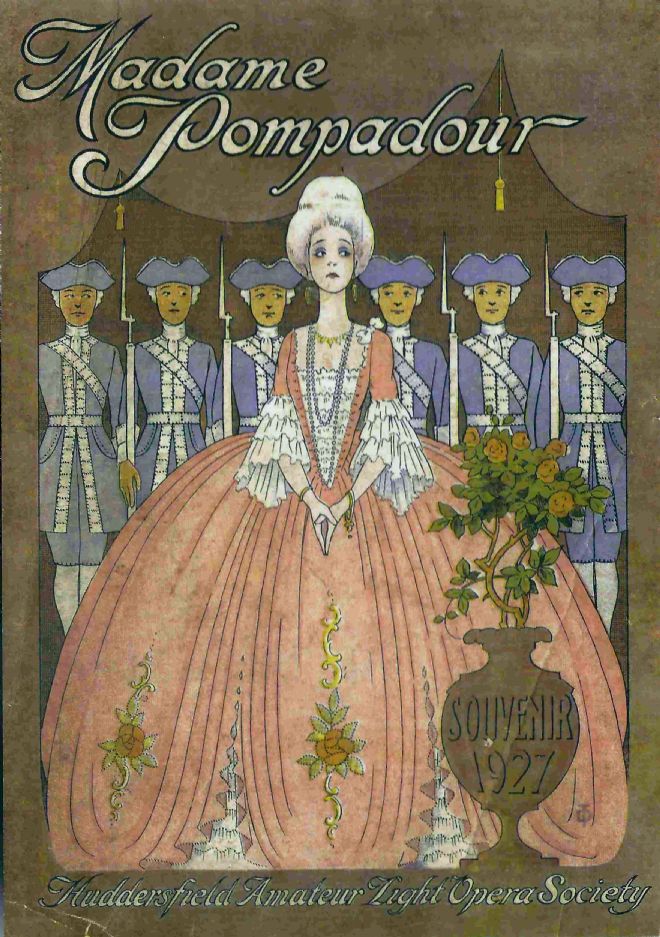 1927 souvenir image of a performace of Madame Pompadour showing the lady in a pink ball gown with a row of guards behind