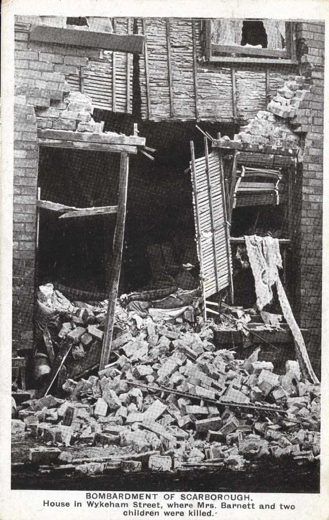 Bomb damage to a house in Scarborough.  The front of the house has completely collapsed.