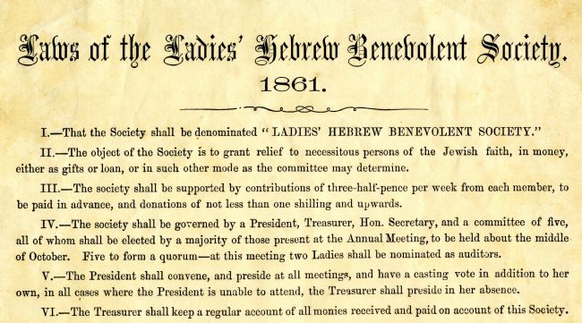 Photograph of the Hull Ladies Hebrew Benevolent Society Rules.  They include thet the object of the Society is to grant relief to necessitious persons of the Jewish faith, in money, either as gifts or loan, or in such other mode as the committee may determine.