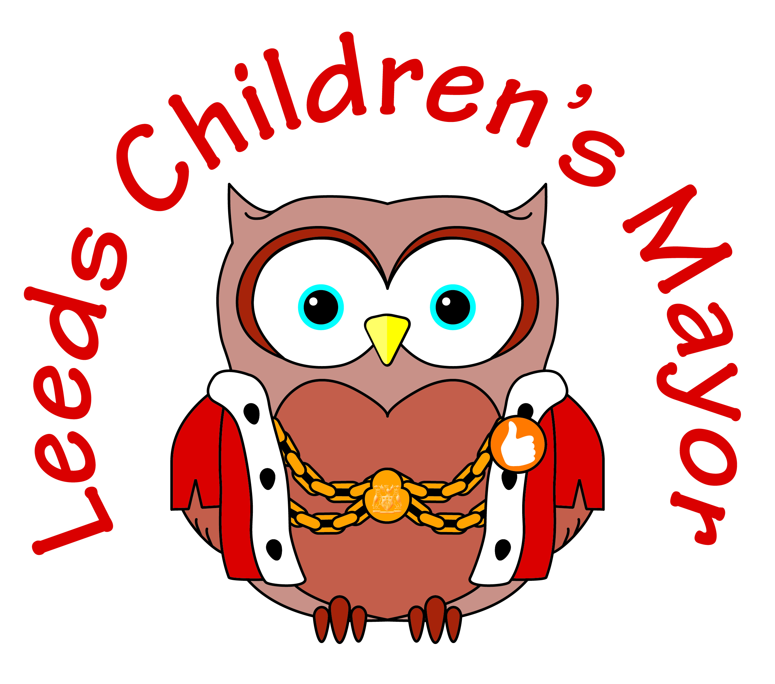 The Leeds Children's Mayor logo of a cartoon owl wearing a mayors robe, and a chain of office.