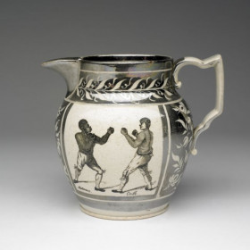 Pearlware Jug: Monochrome transfer-printed scene depicting the fight between Tom Molineux and Tom Cribb.