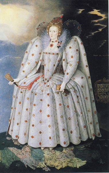 Portrait of Queen Elizabeth First wearing a white dress with an embroidered pattern on it.  She is standing on a map.  One side of the background shows a blue sky with white clouds, and on the other a dark sky with lightening.