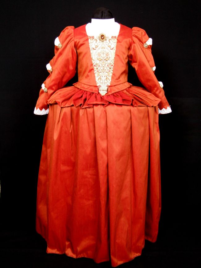 Full girl's Tudor costume, red dress with patterned bodice insert and slashed sleeves