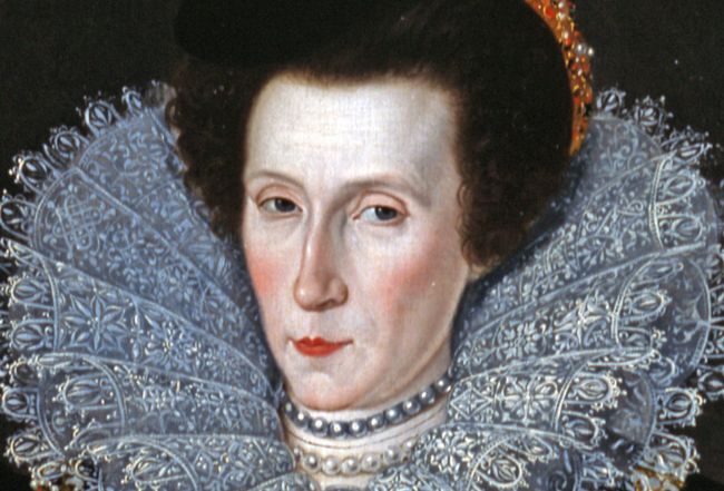 'Noblewoman', by William Segar, 1590, close-up of the face of the sitter showing a very pale complexion with pink cheeks, red lips and a high forehead