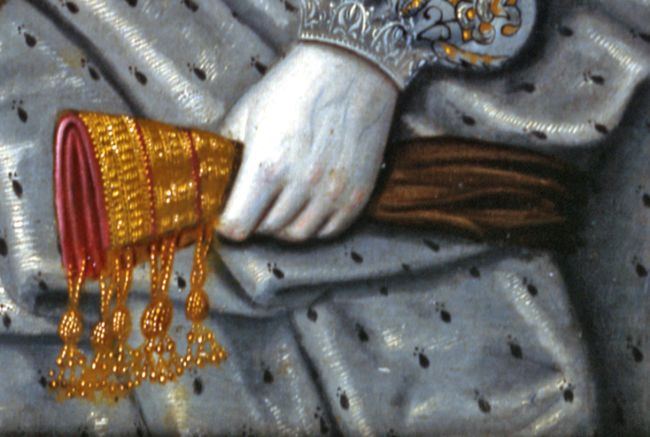 Gloves detail from 'A Noblewoman' oil painting by William Segar, c.1590