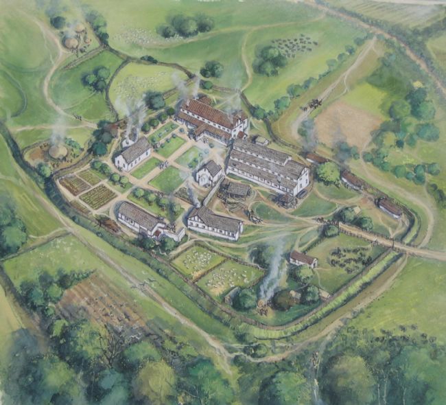 Coloured illustration showing a range of buildings and farmed spaces